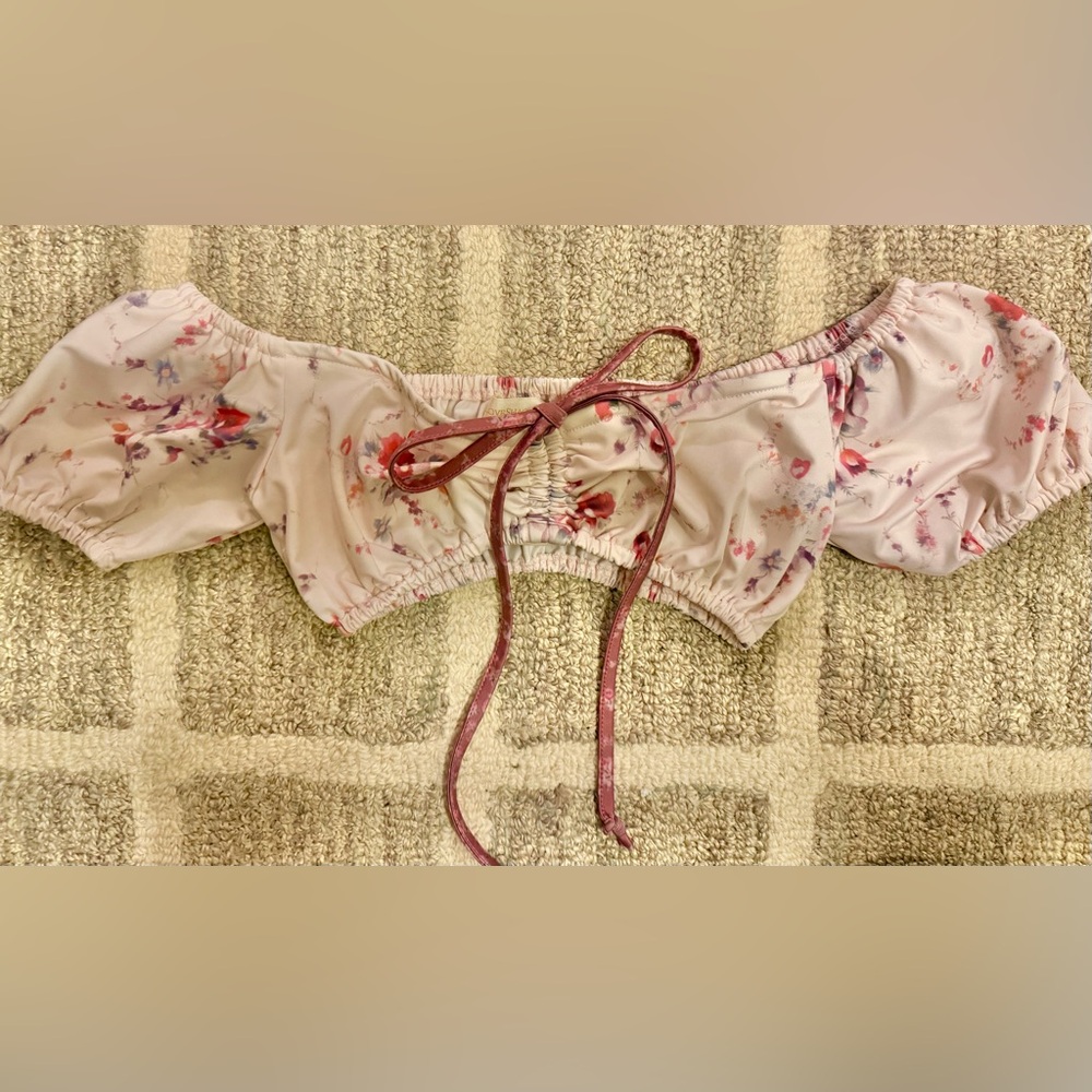 LoveShackFancy Pink Floral Off-Shoulder Bikini Top with Tie